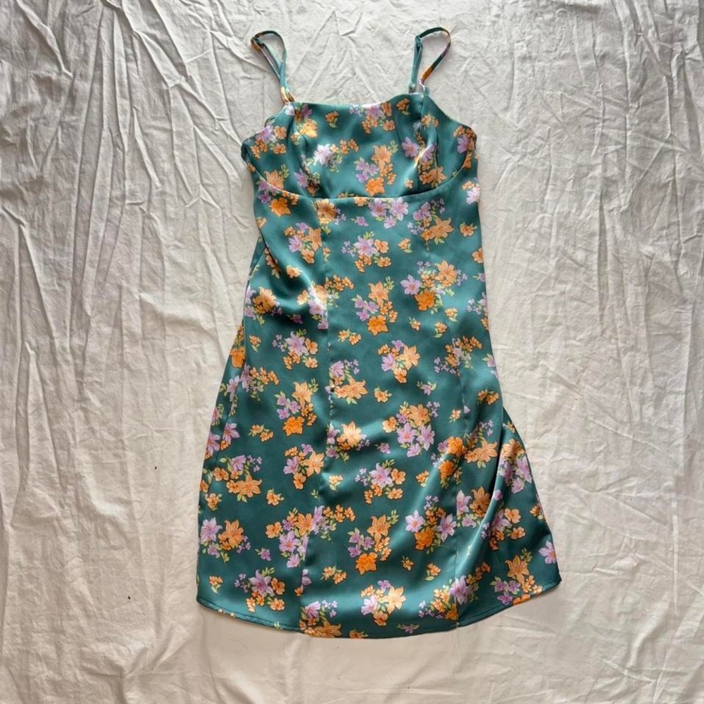 Hippie Rose Satin Jade Floral Dress Sz M